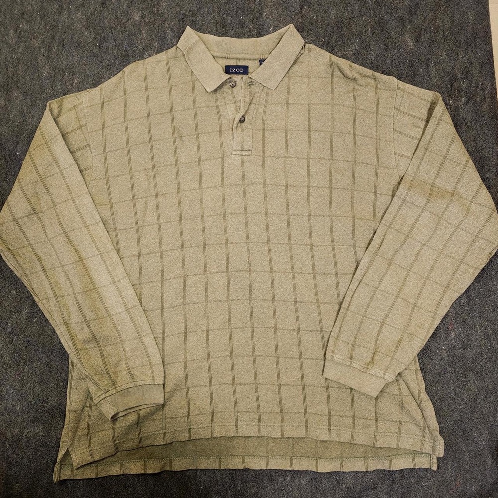 Izod Mens Long Sleeve Polo Shirt Khaki Green Grid Pattern 100% Cotton Large
